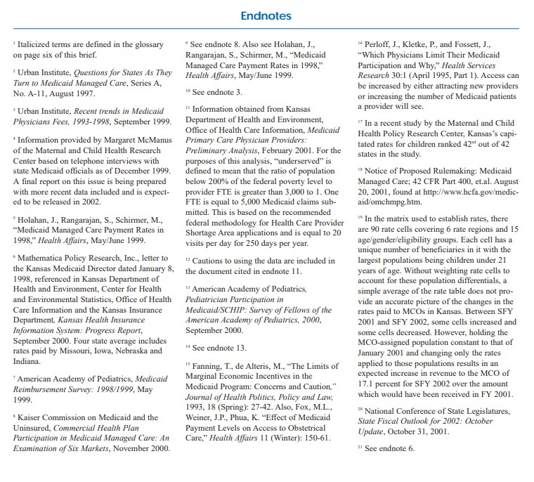 End Notes for Issue Brief Medicaid Capitation Rates Implications and Options