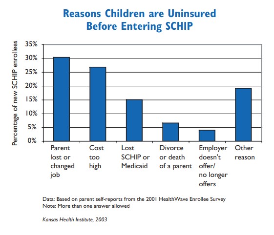 Bar chart: Reasons children are uninsured before entering SCHIP,refer to the data on this page for specific details.