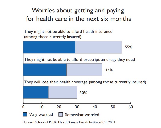 Bar chart showing worries about getting and paying and paying for health care in the next six months. Largest percentage were worried they might not be able to afford health insurance.