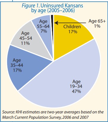Pie Chart showing 23% of Kansans age 19-34 are uninsured.