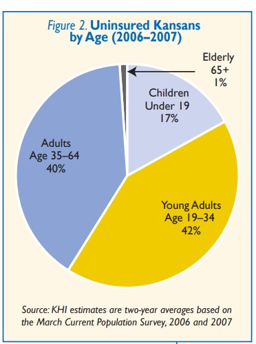 Pie chart showing uninsured Kansans by Age. The adult uninsured rate is at its highest point this decade. Refer to the data on this page for specific details.