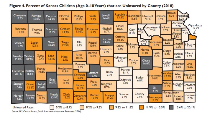 Figure 4: percent of Kansas children that are uninsured by county