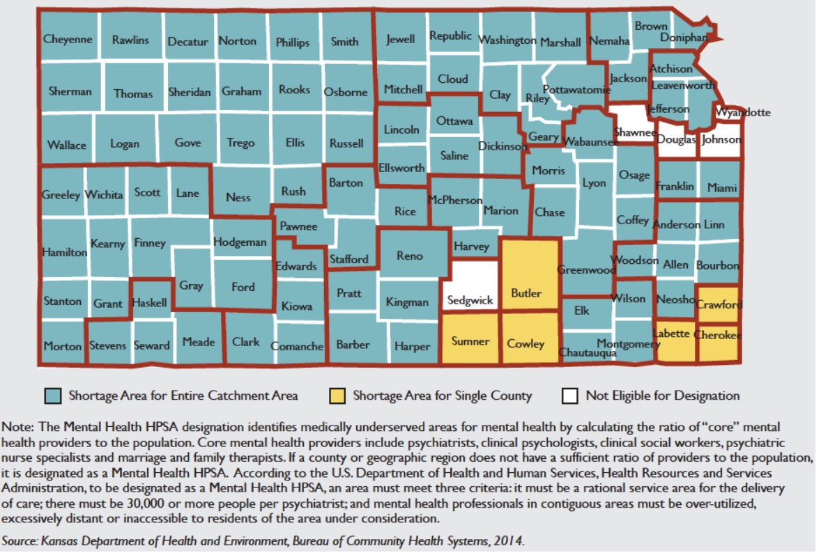 Figure 2: Kansas map health professional shortage areas