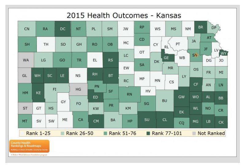 Map of Kansas 2015 Health Outcomes