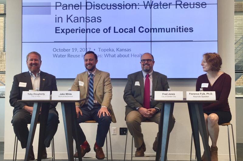 Panelists Toby Dougherty, city manager of Hays, Jake White, senior environmental engineer, Fred Jones, water resource manager, and Florence Fulk, formerly of the Environmental Protection Agency, discussing how health impact assessments can be used.