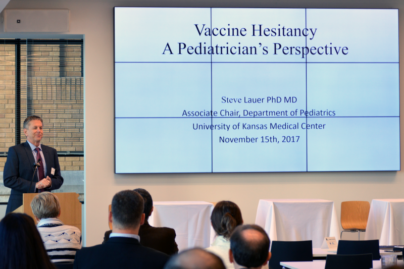 Stephen Lauer, M.D., Ph.D., associate chair of the Department of Pediatrics at the University of Kansas Medical Center and a practicing general pediatrician, opening the discussion by speaking about vaccine hesitancy from the perspective of a medical care provider.