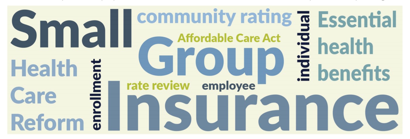 Montage of words meaning employee health insurance