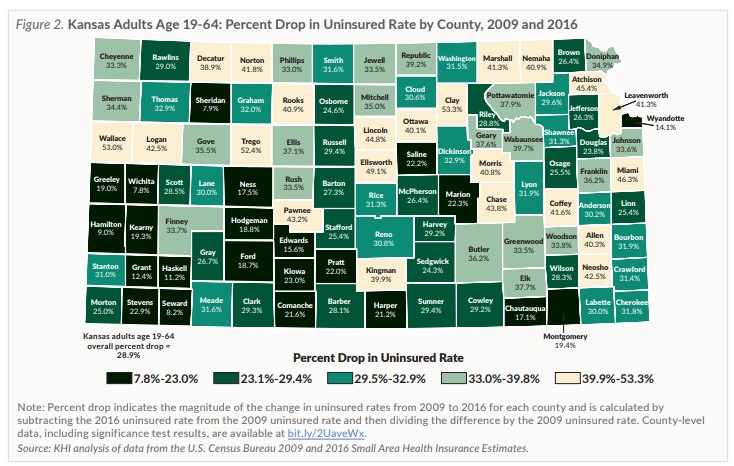 Map of Kansas showing Kansas adults percent drop in uninsured rate by county refer to the data on this page for specific details.