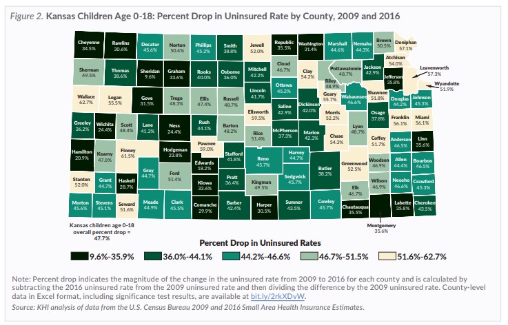 Map of Kansas showing Kansas children percent drop in uninsured rate by county refer to the data on this page for specific details.