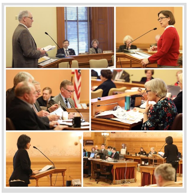 Photos of Robert St. Peter, Kari Bruffett and Hina Shah from KHI discuss Medicaid/CHIP, KanCare, health insurance coverage, mental health and child welfare with various legislative committees.