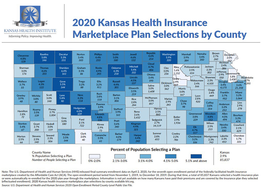 Kansas map showing marketplace plan selections by county; refer to the data on this page for specific details.