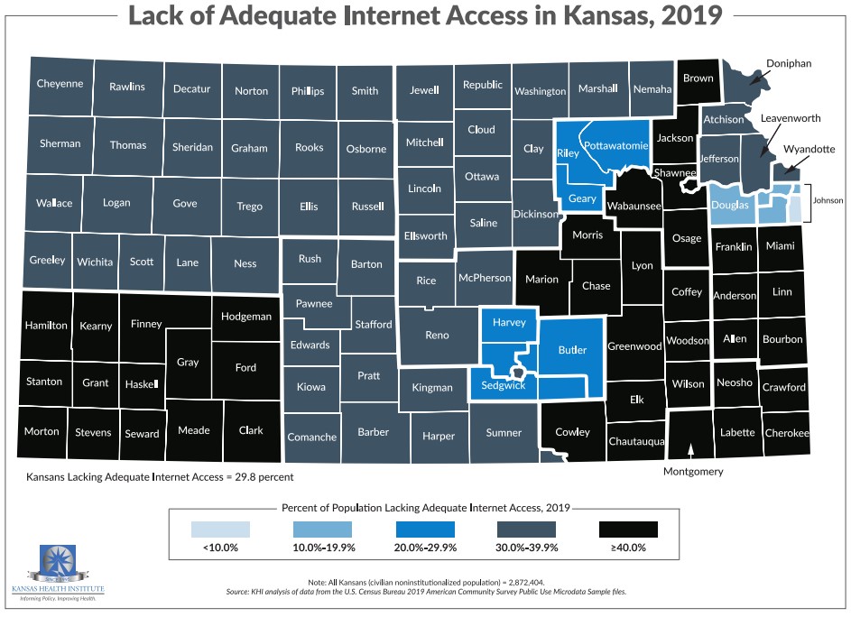 Kansas map showing lack of adequate internet access in Kansas 2019; refer to the data on this page for specific details.