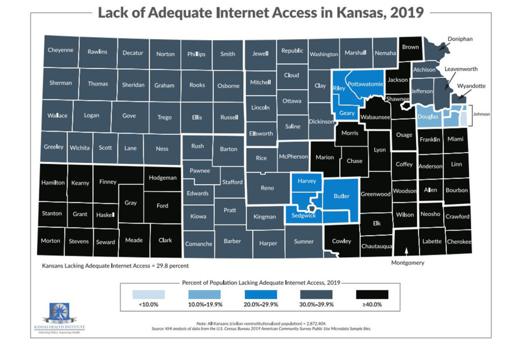 Map of Kansas showing lack of adequate internet access in Kansas; refer to the data on this page for specific details.