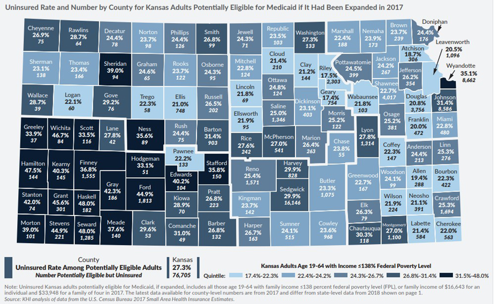 Map showing uninsured rate and number by county for Kansas adults potentially eligible for Medicaid if it had been expanded in 2017