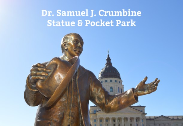 Copper statue of Dr. Samuel Crumbine with Capitol Building in background.