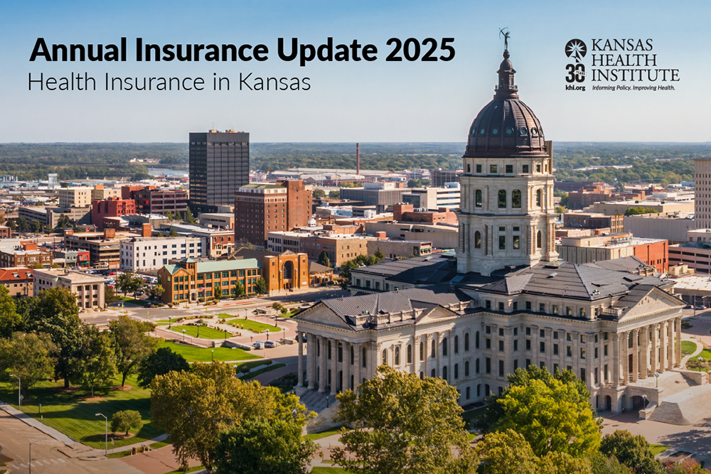 Aerial view of downtown Topeka, Kansas, with the Kansas State Capitol prominently in the foreground and promotional text for the "Annual Insurance Update 2025 – Health Insurance in Kansas" by the Kansas Health Institute overlaid in the sky area.