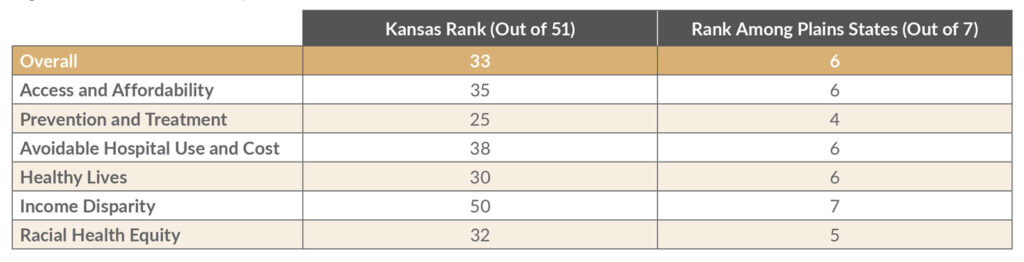 A table shows one state’s healthcare performance rankings nationally (out of 51) and within the seven Plains states. Overall rank: 33rd nationally, 6th in the Plains region. Categories: Access and Affordability: 35th nationally, 6th regionally Prevention and Treatment: 25th nationally, 4th regionally Avoidable Hospital Use and Cost: 38th nationally, 6th regionally Healthy Lives: 30th nationally, 6th regionally Income Disparity: 50th nationally, 7th regionally Racial Health Equity: 32nd nationally, 5th regionally.