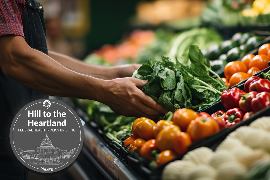 Photo of hands selecting vegetables in a market. Has the Hill to the Heartland logo.