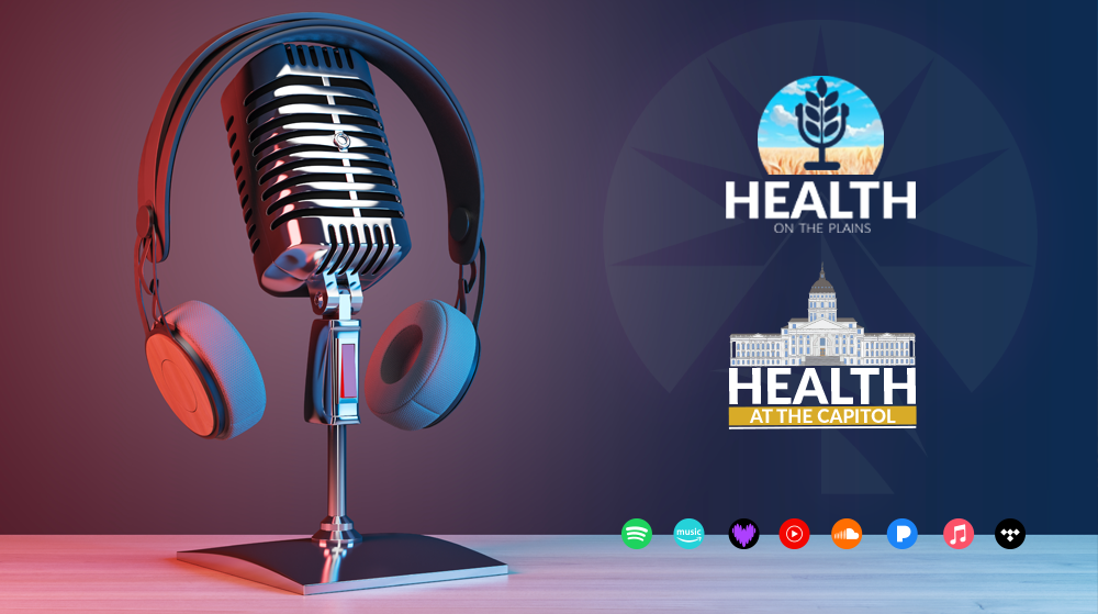 Image of a microphone, along with the logos for two podcasts, Health on the Plains and Health at the Capitol