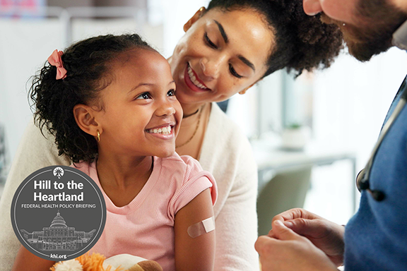 Photo of a child getting a vaccine. Includes the Hill to the Heartland Web logo
