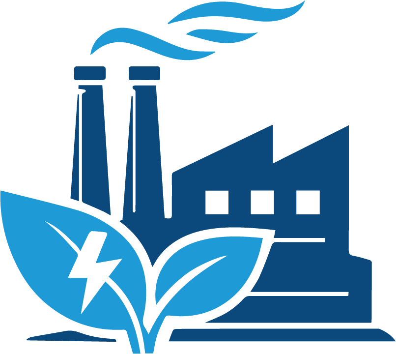 Icon showing a coal fired power plant beside two leaves.