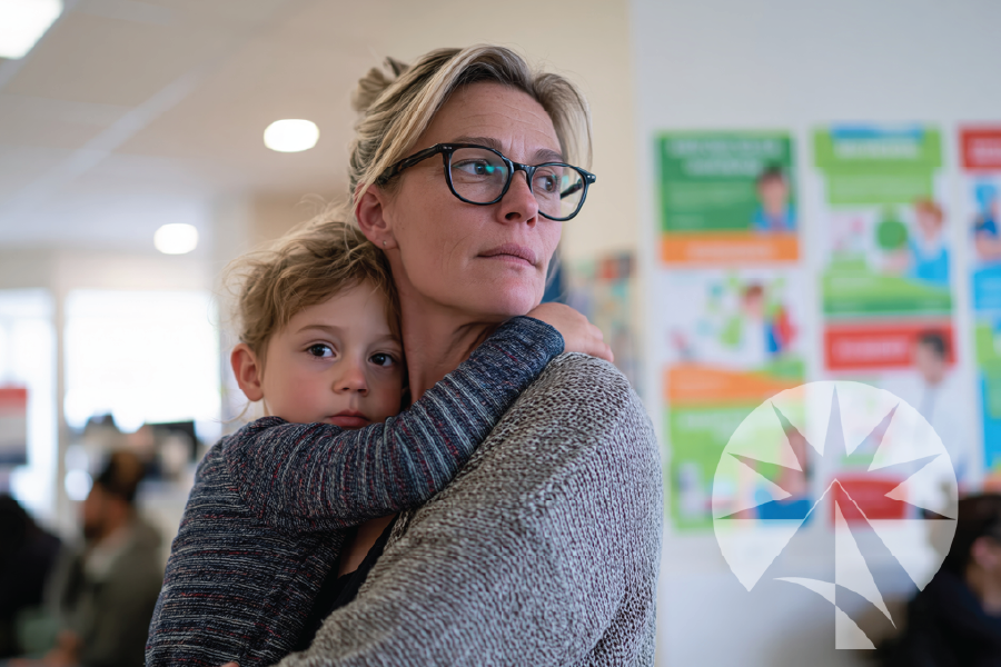 A mother holds a child